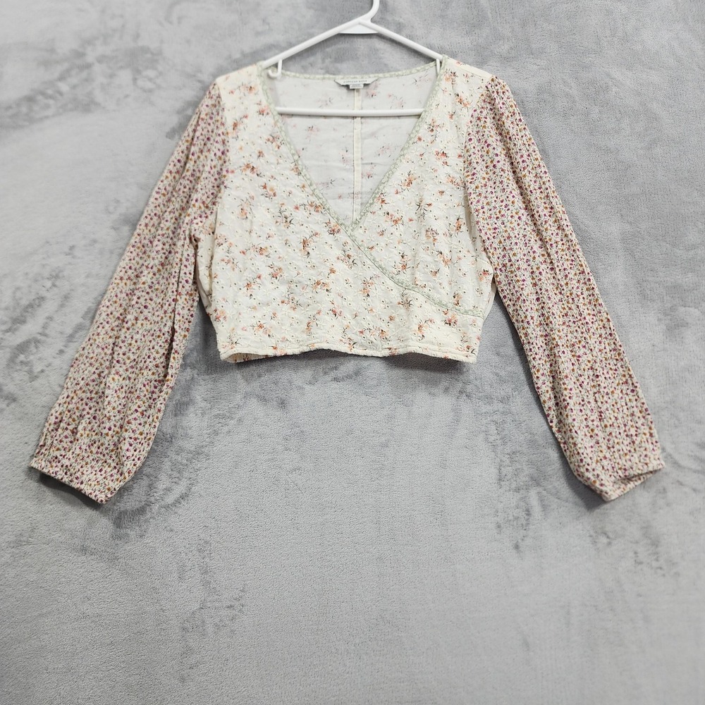 American Eagle Top Women M Floral Embroidered Wrap Crop Long Sleeve Boho Peasant